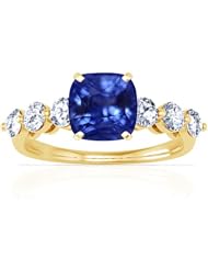 14K Yellow Gold Cushion Cut Blue Sapphire Ring With Sidestones