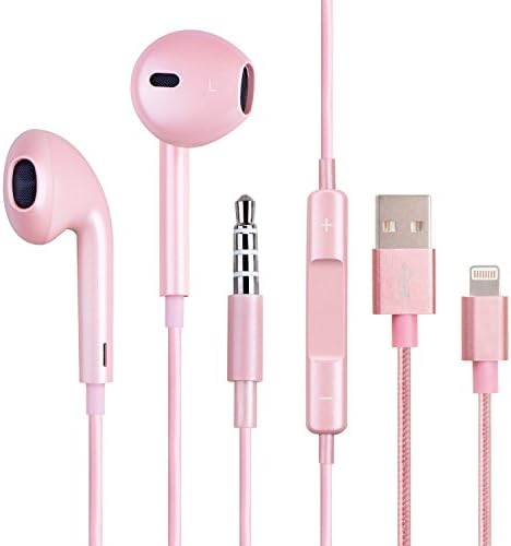 Wecharge Premium Earphones/Earbuds/Headphones Noise Cancelling with Remote and Mic and Braided Lightning Cable for iPhone 6s plus, 6s, 6 plus, 6, 5s, 5c, 5, iPad Air, iPad, iPod (Rose Golden)