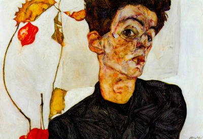 Professionally Framed Egon Schiele Self-Portrait Art Print Poster - 11x17 with RichAndFramous Black Wood Frame