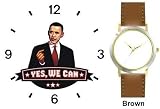 Barack Obama Picture - Yes We Can - President Barack Obama Commemorative - WATCHBUDDY&reg; DELUXE TWO-TONE THEME WATCH - Arabic Numbers - Brown Leather Strap-Size-Children's Size-Small ( Boy's Size & Girl's Size )