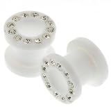 White Acrylic Screw-on Flesh Tunnels with Clear Crystal in Rim - Size: 8G - Sold as a Pair