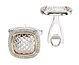14K Yellow Gold and Sterling Silver Diamond Snake Skin Cuff Links, Square
