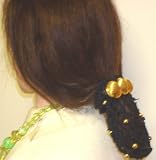 Hand Crocheted Black Rayon Cotton Gimp Dress Snood Trimmed with Gold Beads Mounted on French Hair Clip with Three Gold Buttons for Women and Teens
