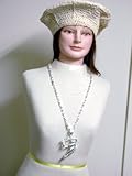 IMAGE OF Nc31, Hand Crocheted Ivory Chenille and Gimp Tweed Beret for Women and Teens in Combination with Sterling Silver Long Chain Necklace with Lucky American Eagle Pendant