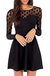 Sexy Cocktail Round Neck Polyester Illusion Lace Polka Dot Print Bodycon Dress/Club Dress/Evening Dress/Party Dress/Wedding Dress/Mini Dress 