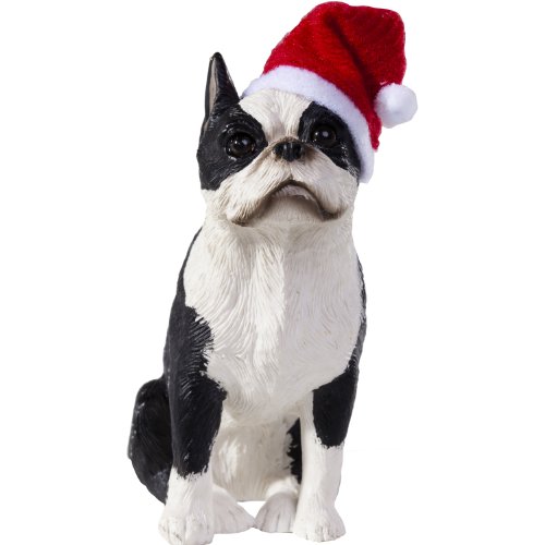 Sandicast Boston Terrier with Santa Hat Christmas Ornament