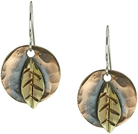 Sincerely Sarah Handcrafted Sculptural Hammered Copper Disc With Leaf Accent French Hook Dangle Earrings