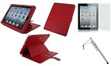 rooCASE 3n1 Convertible Premium Leather (Red) Case Cover with 24 Angle Adjustable Stand / Anti-Glare Screen Protector / Capacitive Stylus for Apple iPad 2 / iPad 3 / The new iPad Wifi / 3G Model 16GB, 32GB, 64GB