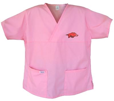 University of Arkansas Pink Scrubs Tops SHIRT -Size SM Arkansas Razorbacks For HER -Officially Licensed NCAA College Logo Apparel Unique GIFT Ideas For Mom Nurses Ladies Students Graduation
