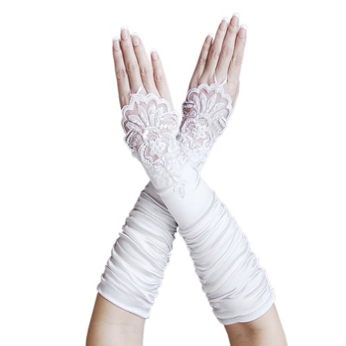 ZaZa Bridal Gathered Satin Fingerless Gloves w/ Floral Embroidery Lace & Sequins