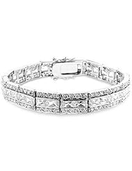 Alexander James White Gold Rhodium Bonded 7.25 Inch Bracelet with Three Rows of Radiant and Round Cut Clear Cubic Zirconia in a Channel Setting and a Box Clasp in Silvertone