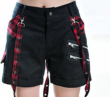 Blooms - Punk Gothic Women Plaid Buckle Zipper Shorts (Medium, Black)