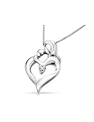 Heart Shaped Mothers Love Pendant Necklace with Diamond in Sterling Silver with Chain