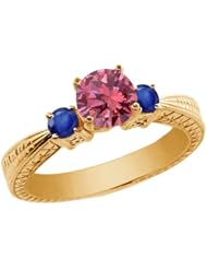 1.01 Ct Round Pink Diamond Blue Sapphire 14K Yellow Gold 3-Stone Ring