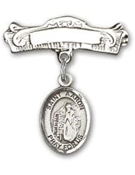 Sterling Silver Baby Badge with St. Aaron Charm and Arched Polished Badge Pin