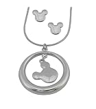 Disney ladies Silver Plated Chain with Mickey Mouse Hoop Pendant and Silver Plated Mickey Mouse Earrings