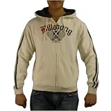 Mens Billabong beige zip-up hoodie jacket. Very high quality skate and surf brand sweater with a side entry pocket, white stripes down the arm, large catchy colorful logo design on the front and a small one on the back . Great authentic sweatshirt to wear with various casual styles.