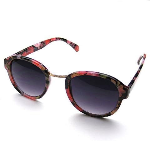 Emblem Eyewear Vintage Inspired Womens Round Horned Rim Wayfarer Floral Sunglasses (Red)