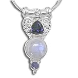 Sterling Silver Rainbow Moonstone and Faceted Iolite Pendant on Snake Chain by Sajen, 18