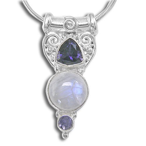 Sterling Silver Rainbow Moonstone and Faceted Iolite Pendant on Snake Chain by Sajen, 18