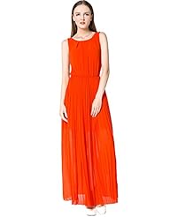 Chiffon Pleated Sleeveless Elasticized   Waistline Plunging Neck Round Neck Maxi Dress 