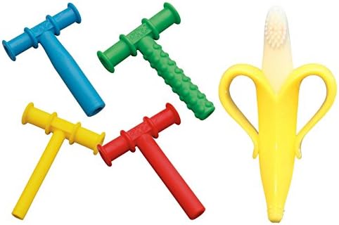 Chewy Tubes Teether, 4 Pack - Blue/Green/Yellow/Red with Banana Brush Infant Teething Toothbrush