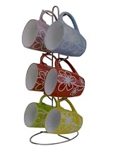 Home Basic Multi-Color Flowers 6pc Mug Set With Stand - Ceramic Mug Set - Mug Set and Stand