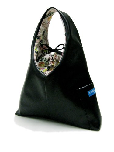 K1AL&D1 Leather look Zen Black 2011 version, KIKU Gardens Floral Japanese KIMONO print Lining of Katty TESAGE purses, comes with Purse Insert (drawstring organizer), P-Leather (Water-proof), Hobo Style