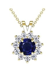 18K Yellow Gold Round Cut Blue Sapphire And Round Diamond Pendant