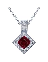 14K White Gold Cushion Cut Ruby And Round Diamond Pendant