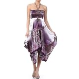 Paisley Design Satin Feel Beaded Halter Smocked Bodice Handkerchief Hem Dress (2 Colors)