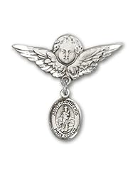 Sterling Silver Baby Badge with St. Cornelius Charm and Angel with Wings Badge Pin