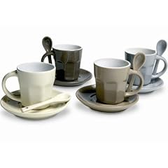 4 Espressotassen aus Keramik mit L�ffelhalterung und Untertasse im Retrolook