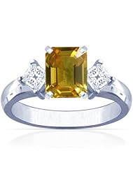 14K White Gold Emerald Cut Yellow Sapphire Three Stone Ring