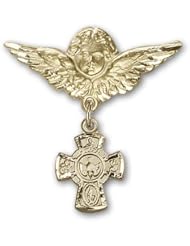 14K Gold Baby Badge with 5-Way Charm and Angel with Wings Badge Pin
