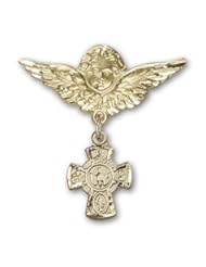 Gold Filled Baby Badge with 5-Way Charm and Angel w/Wings Badge Pin