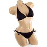 Sexy Cute Solid Black Bathing Suit 2pc Tie Side String Adjustable Slide Triangle Top Bikini Swimsuit