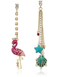 Betsey Johnson "Jewels of the Sea" Flamingo and Sea Shell Mismatch Drop Earrings