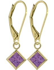 Girls 14K Yellow Gold 1.20 Carat Princess Cut Square 5mm Genuine February Amethyst Leverback Gem Earrings