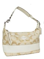 Authentic Coach Signature Stripe Hobo Handbag 17434 Light Khaki White