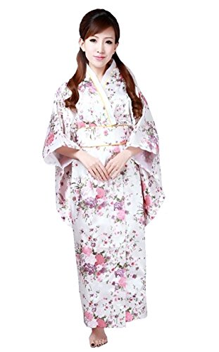 CNS Kimono Robe [ White Cherry Blossoms Design ] Japanese Traditional Costume