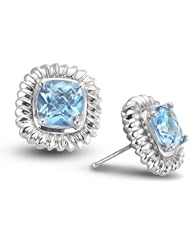 CleverEve Luxury Series Rhodium Plated Sterling Silver Post Earrings w/ Prong Set Cushion Cut Natural Genuine Blue Topaz Stones