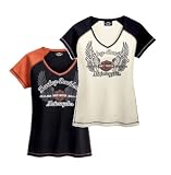 Harley-Davidson® Women's Short Sleeve Raglan V-Neck Tee Shirt. Contrasting raglan cap sleeves. 99162-10VW-Off White; 99161-10VW-Black