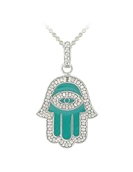 Sterling Silver and Teal Enamel Diamond Accent Hamsa, Hand of God, Pendant Necklace , 18"
