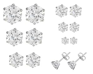 Bundle Monster 6pc Sparkling Circle Cut Mixed Size Cubic Zirconia Crystal Studs Earrings Set - 3mm, 4mm, 5mm, 6mm, 7mm, 8mm
