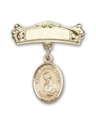 Gold Filled Baby Badge with St. Dominic Savio Charm and Arched Polished Badge Pin