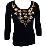 The Collective Works of Berek 3/4 Sleeve, Contoured Black Sweater Accented With Large Multi-Colored Gemstones Overlaid onto a Viscose  Nylon Blend Scoop Neck Design - Necklace Royale
