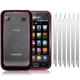 SAMSUNG i9000 GALAXY S FROSTED CRYSTAL BACK COVER WITH GEL EDGE - RED, WITH 6-IN-1 SCREEN PROTECTOR PACK PART OF THE QUBITS ACCESSORIES RANGE