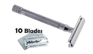 Merkur Long Handled Double Edge Safety Razor Chrome #180, 10 Double Edge Platinum Blades