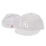 New York Yankees American Needle Flat Bill Baseball Hat - Blue / White Seersucker Style Stripe